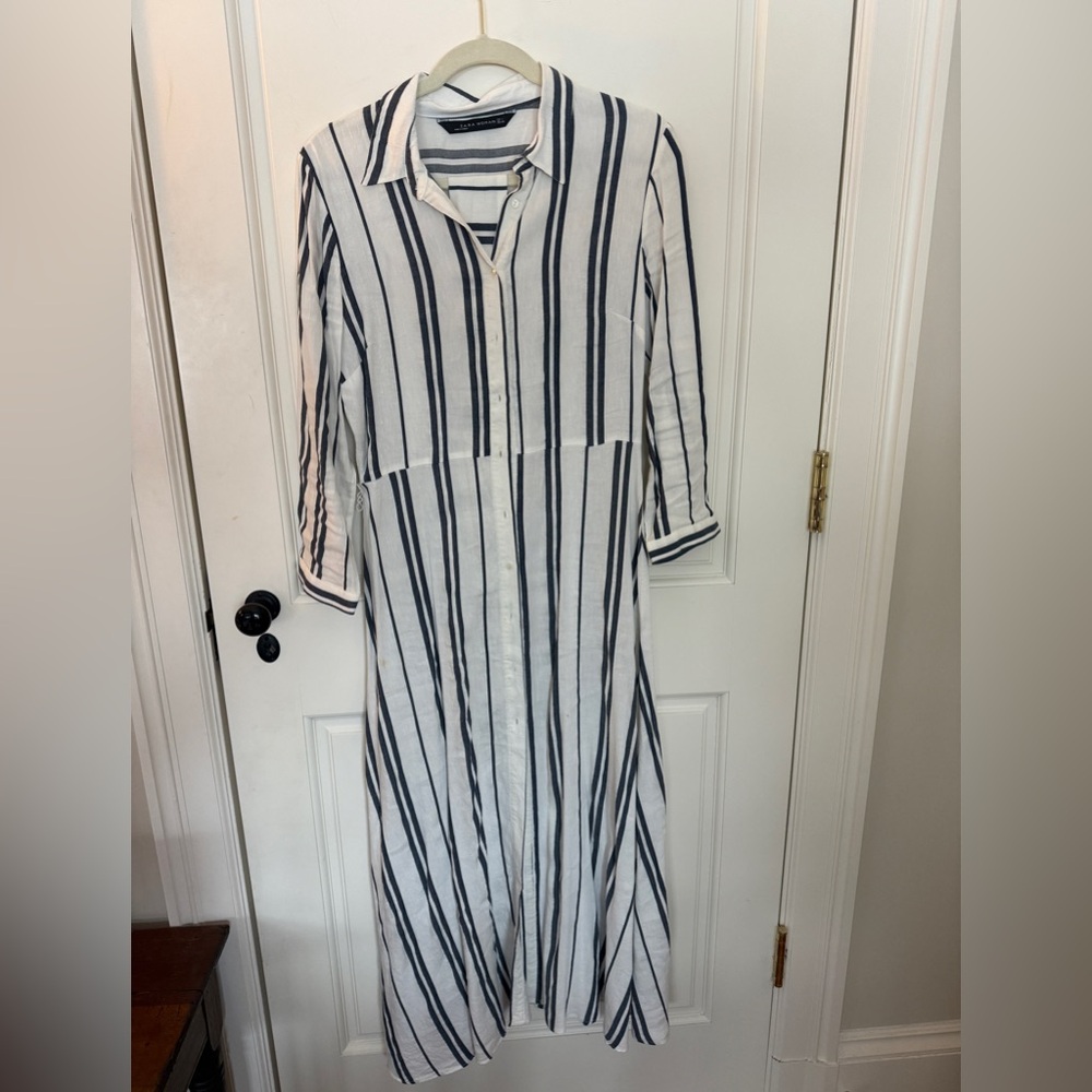 Zara Blue and White Striped Shirt Dress, Medium